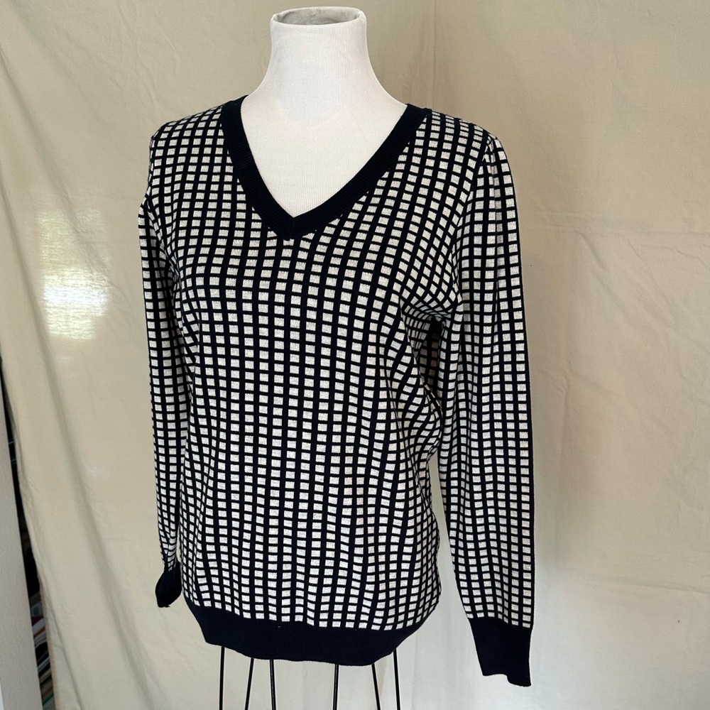 Worthington Navy & White Grid V-Neck Sweater checked medium-weight size large